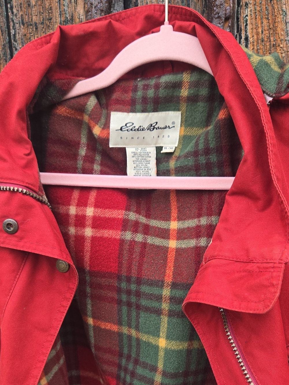 Vintage Eddie Bauer Red  Coat with Green Plaid Lining